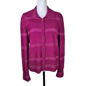 St. John Sport Santana Knit Button-Up Cardigan Sweater M Fuchsia Pink Preppy